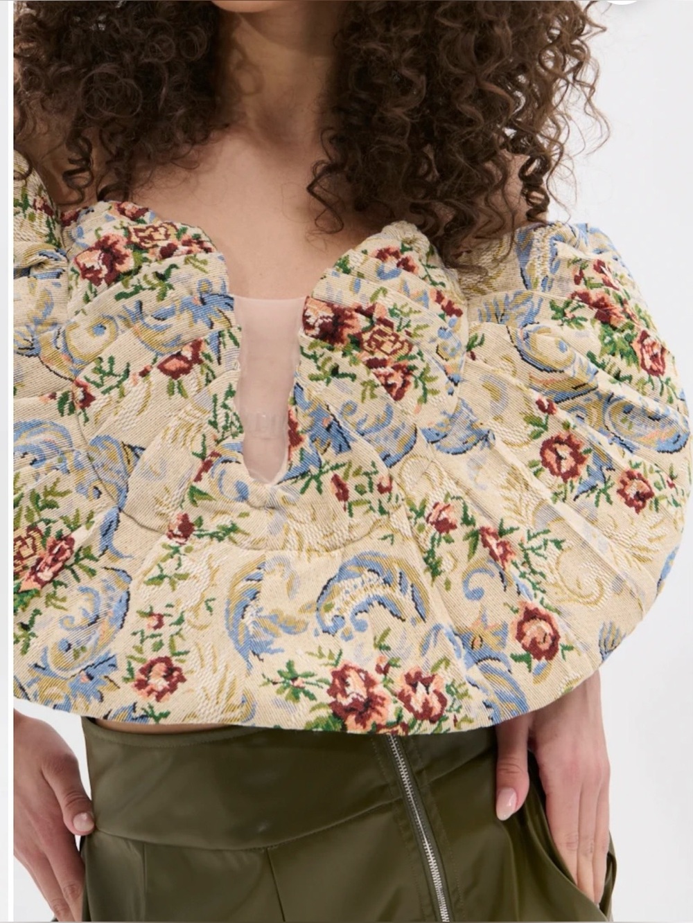 AKIRA Off-Shoulder Floral Ruffle Crop Top in Cream, Blue & Green - Picture 3 of 6